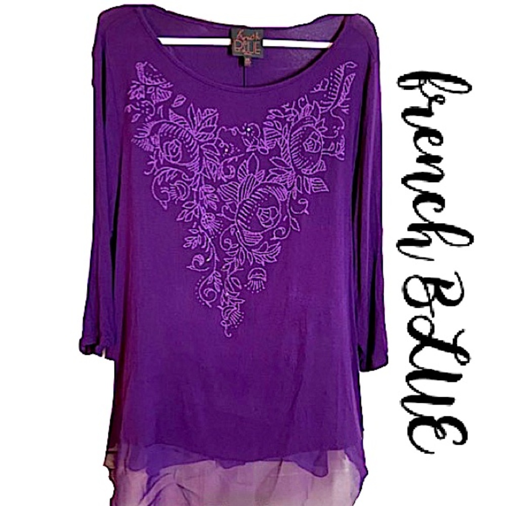 FRENCH BLUE Beautiful Violet Embellished Front Flowy Soft & Silky Top Size 2X